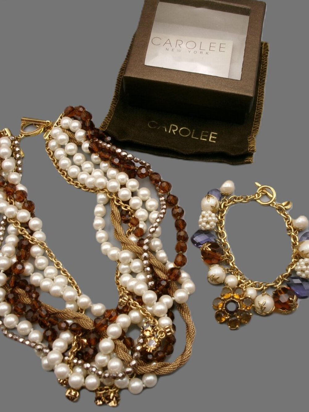 Carolee New Kette Necklace & Charm Bracelet, Multistrand Torsade, Beads Faux Pea